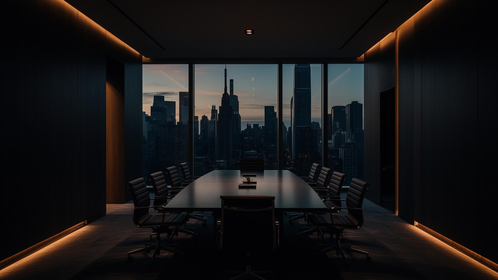 Executive boardroom at dusk overlooking a city skyline